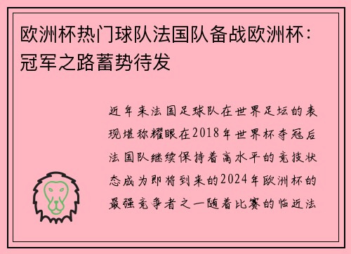 欧洲杯热门球队法国队备战欧洲杯：冠军之路蓄势待发