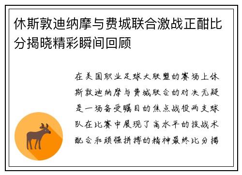 休斯敦迪纳摩与费城联合激战正酣比分揭晓精彩瞬间回顾