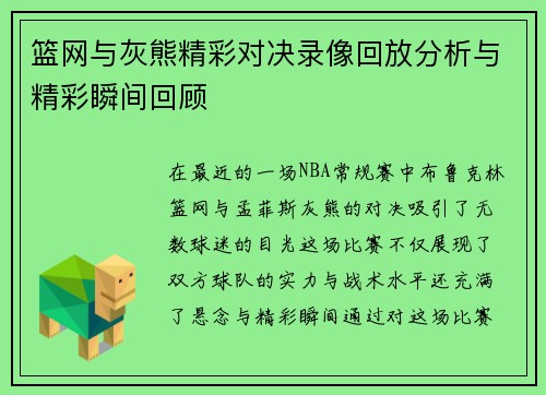 篮网与灰熊精彩对决录像回放分析与精彩瞬间回顾