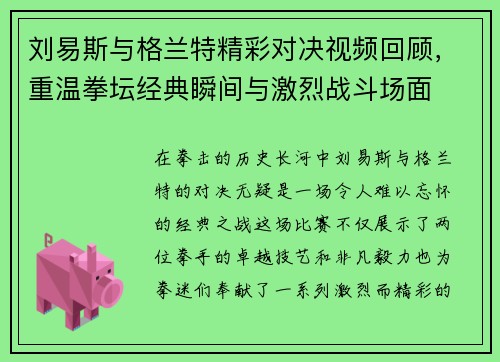刘易斯与格兰特精彩对决视频回顾，重温拳坛经典瞬间与激烈战斗场面