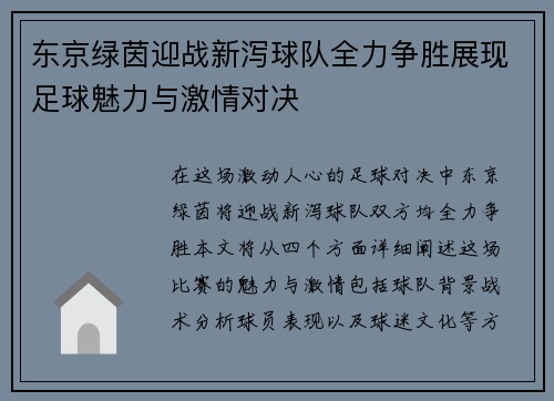 东京绿茵迎战新泻球队全力争胜展现足球魅力与激情对决