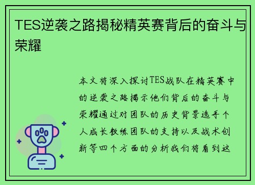 TES逆袭之路揭秘精英赛背后的奋斗与荣耀