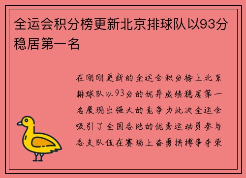 全运会积分榜更新北京排球队以93分稳居第一名