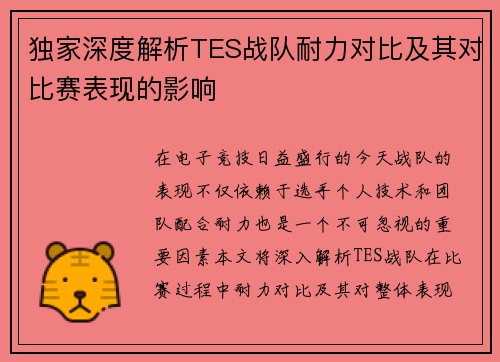 独家深度解析TES战队耐力对比及其对比赛表现的影响