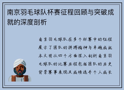南京羽毛球队杯赛征程回顾与突破成就的深度剖析