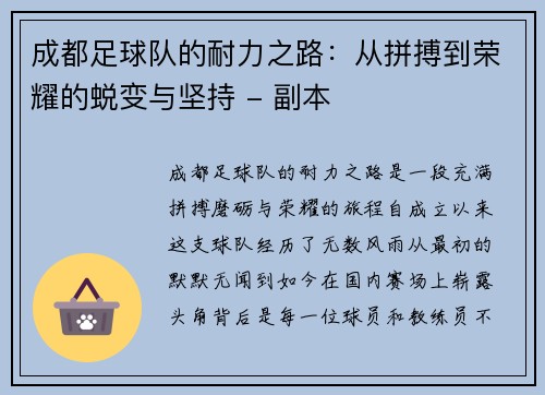 成都足球队的耐力之路：从拼搏到荣耀的蜕变与坚持 - 副本
