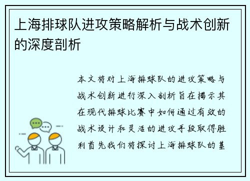 上海排球队进攻策略解析与战术创新的深度剖析